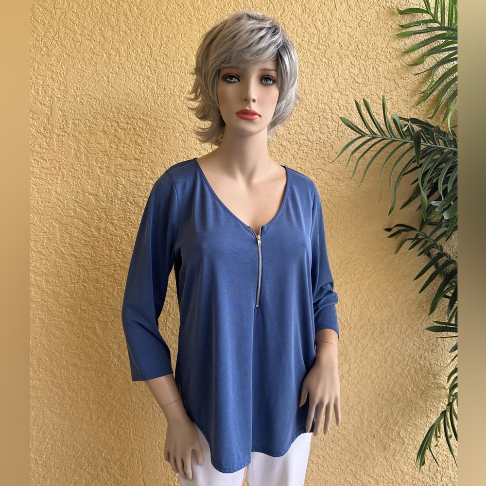 Green Envelope denim blue zip front hi lo top